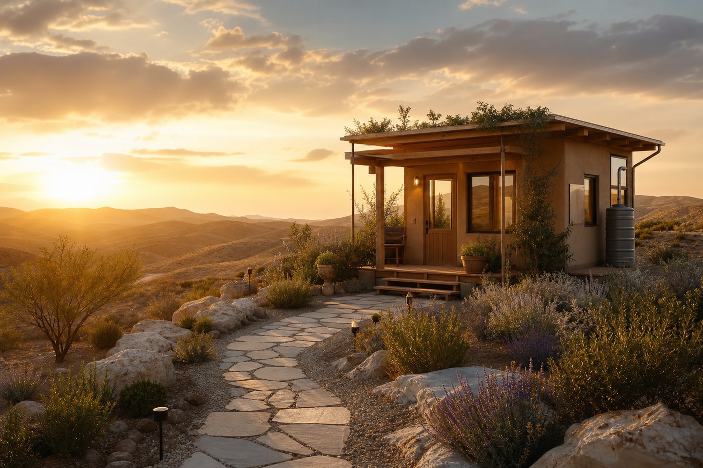 Desert tiny home at golden hour
