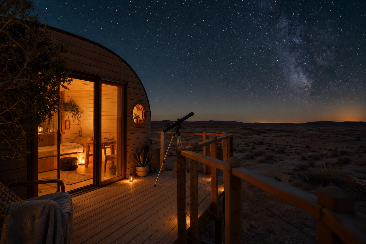 Starry night deck of a desert tiny home