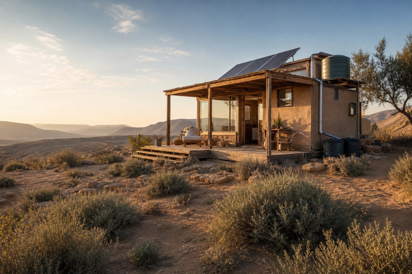 Solar panels and water systems on desert tiny home