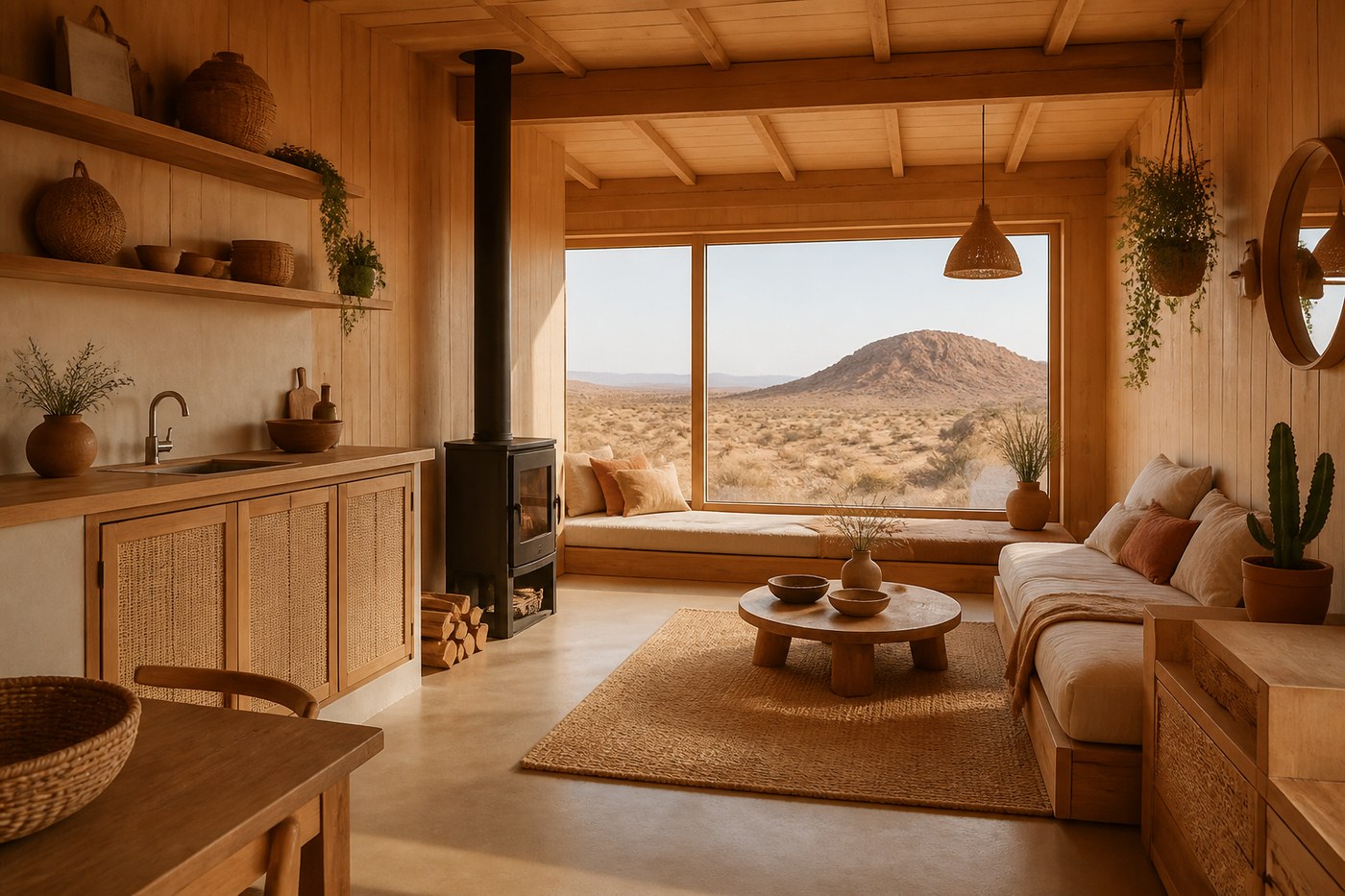 Wooden eco interior with desert view